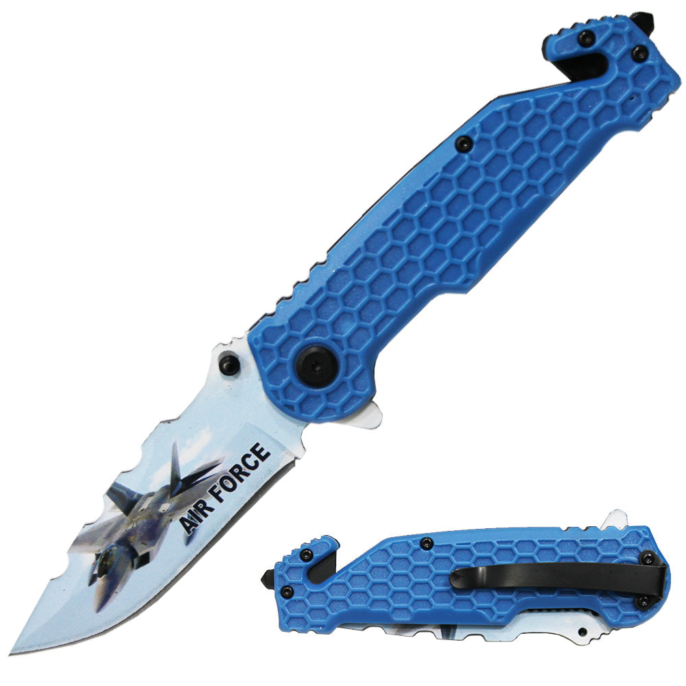 PK 3164-AF 4.75" Serviceman Sky Blue Honeycomb Handle Tactical Rescue Knife - Bladevip