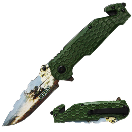 PK 3164-AR 4.75" Serviceman Green Honeycomb Handle Tactical Rescue Knife - Bladevip