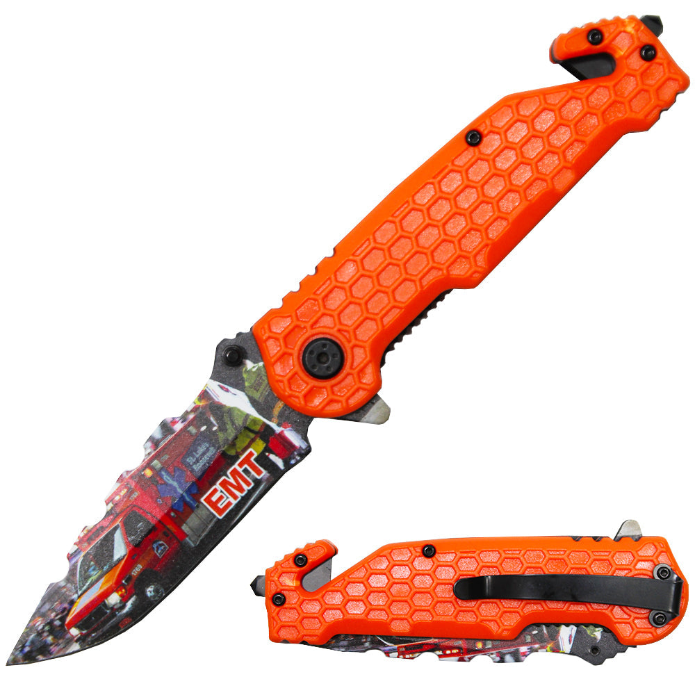 PK 3164-EMS 4.75" Serviceman Orange Honeycomb Handle Tactical Rescue Knife - Bladevip