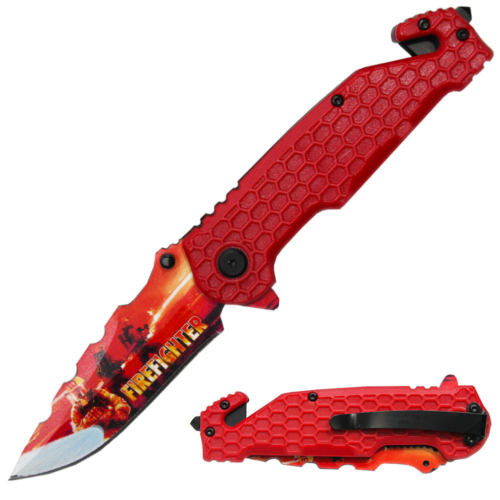 PK 3164-FF 4.75" Serviceman Red Honeycomb Handle Tactical Rescue Knife - Bladevip