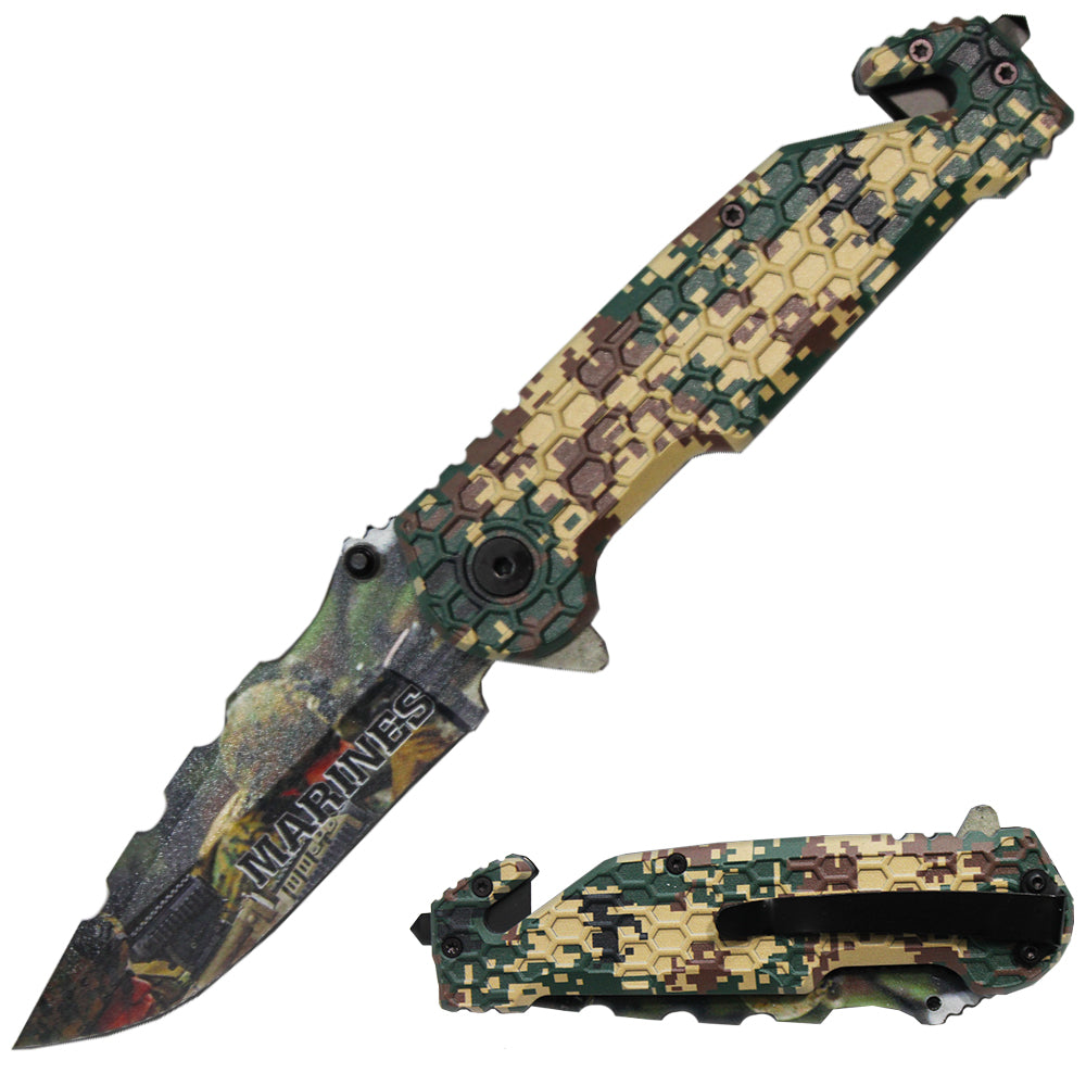 PK 3164-MA 4.75" Serviceman Camo Honeycomb Handle Tactical Rescue Knife - Bladevip