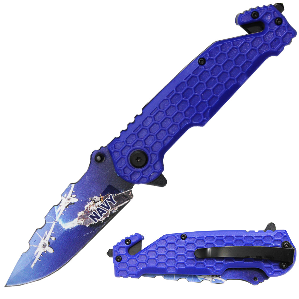 PK 3164-NA 4.75" Serviceman Blue Honeycomb Handle Tactical Rescue Knife - Bladevip