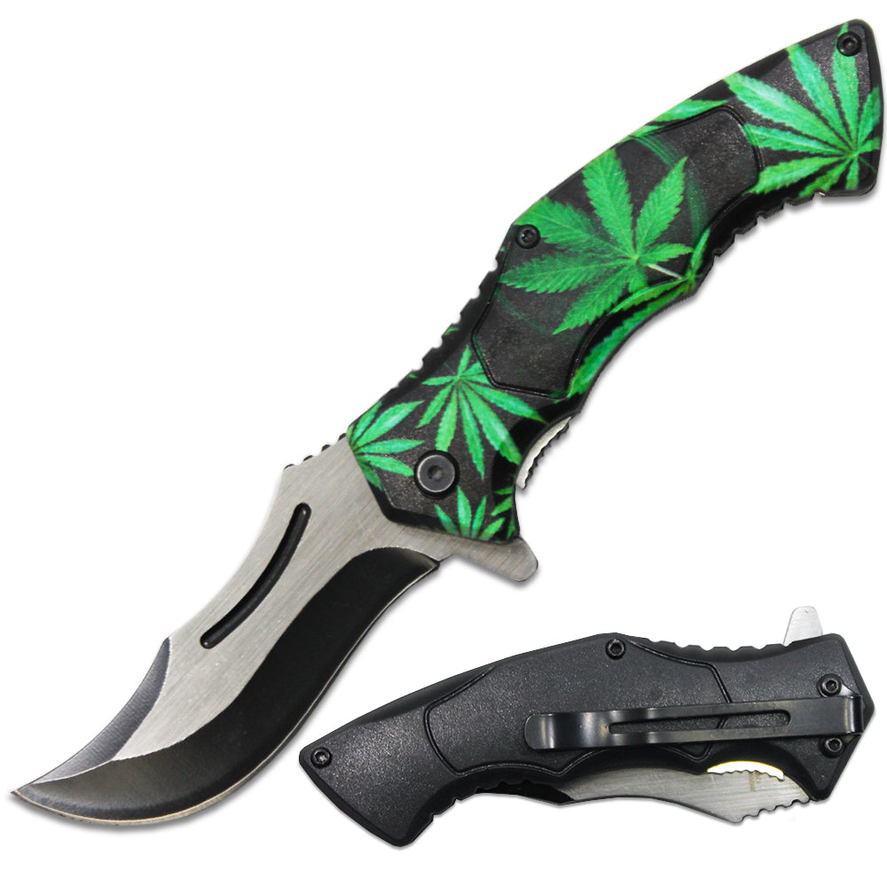 PK 6080-M1 4.5" Cannabis Leaf Handle Assist-Open Folding Knife with Belt Clip - Bladevip