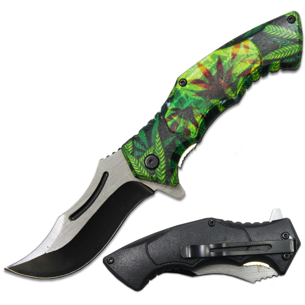 PK 6080-M2 4.5" Cannabis Leaf Handle Assist-Open Folding Knife with Belt Clip - Bladevip