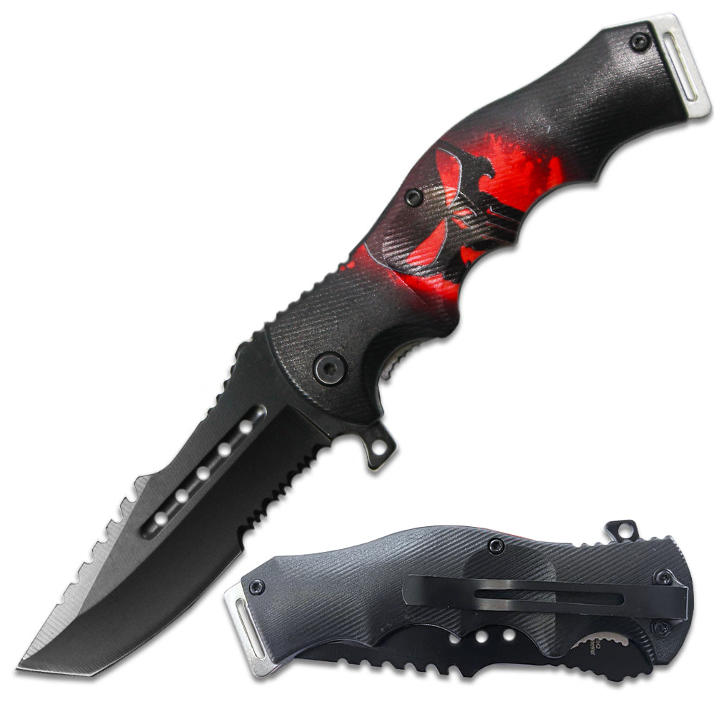 PK 6080-SK 4.5" Red Skull Handle Assist-Open Folding Knife with Belt Clip - Bladevip