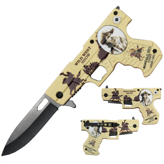 4.5" Buffalo Bill Cody Pistol Handle Assist-Open Folding Knife with Belt Clip