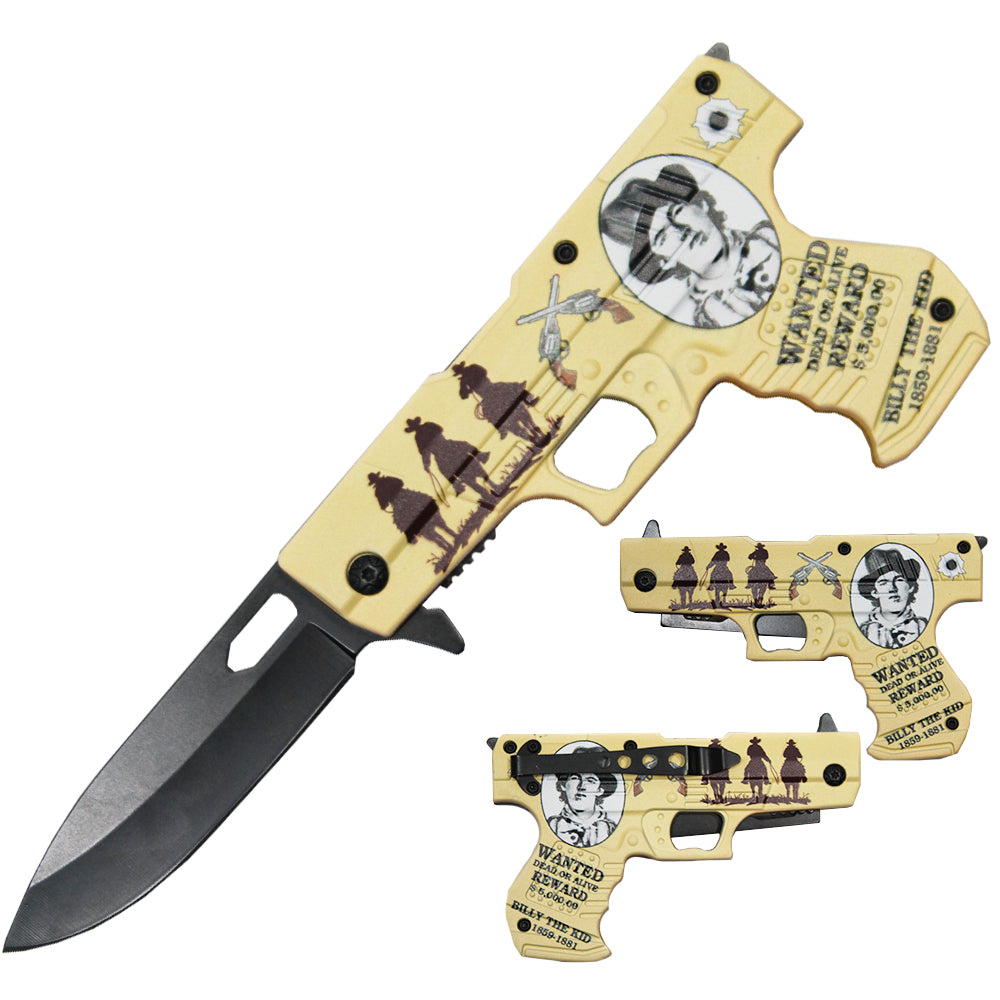 4.5" Billy The Kid Pistol Handle Assist-Open Folding Knife with Belt Clip