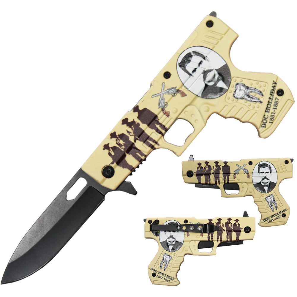 4.5" Doc Holliday Pistol Handle Assist-Open Folding Knife with Belt Clip - Bladevip