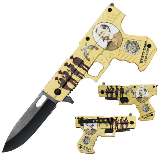 4.5" Wyatt Earp Pistol Handle Assist-Open Folding Knife with Belt Clip