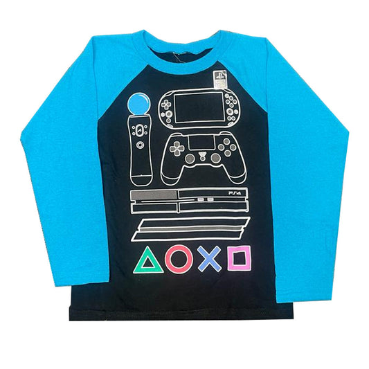 Boy's Youth Blue Black Playstation Controller Raglan Tee T-Shirt