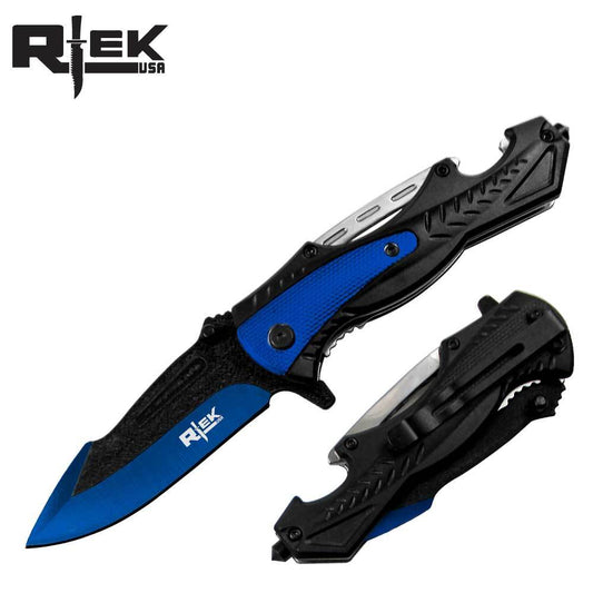 RT 110374-BB 4.5" Blue Rtek Assist-Open Tactical Folding Knife with Glass Breaker & Bottle Opener