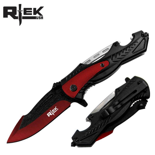 RT 110374-RB 4.5" Red Rtek Assist-Open Tactical Folding Knife with Glass Breaker & Bottle Opener