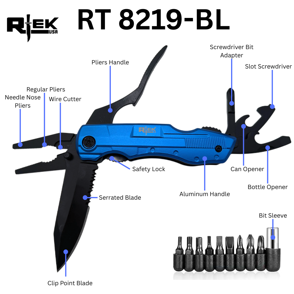 RT 8219-BL Rtek 4.5 inch Multi Tool Pocket Knife with Pliers Bottle Opener Screwdrivers & Sheath - view 2