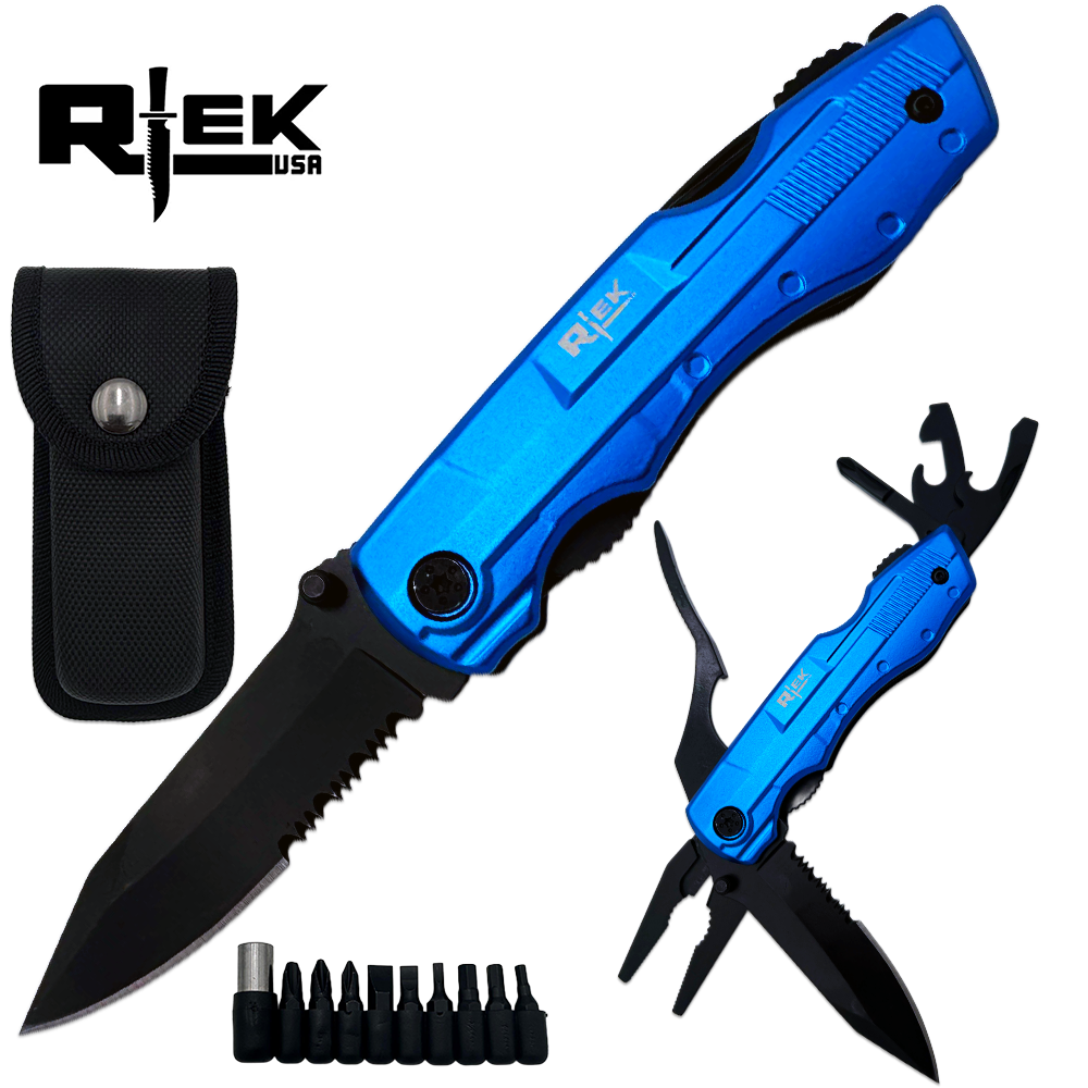 RT 8219-BL Rtek 4.5 inch Multi Tool Pocket Knife with Pliers Bottle Opener Screwdrivers & Sheath