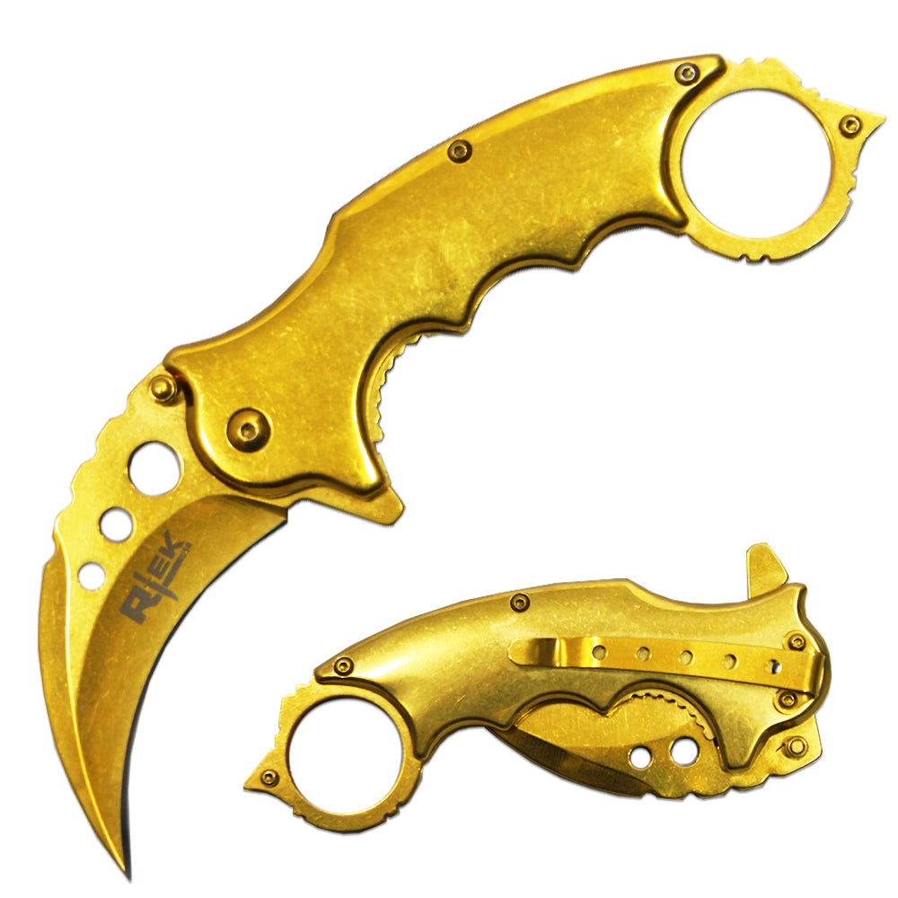 RT 1027-GD3 4.75" Heavy Duty Gold Metal Handle Assist-Open Karambit with Glassbreaker and Belt Clip - Bladevip