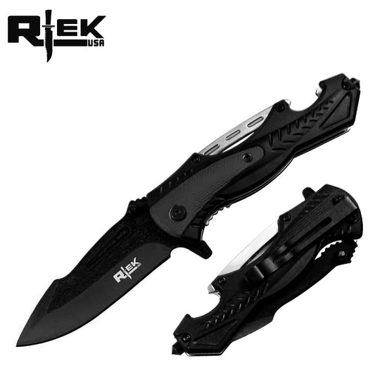 RT 110374-BK 4.5" Black Rtek Assist-Open Tactical Folding Knife with Glass Breaker & Bottle Opener
