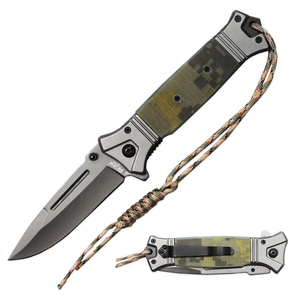 RT 2841-CA 5" Camo G-10 Handle Assist Open Folding Knife with Paracord - Bladevip