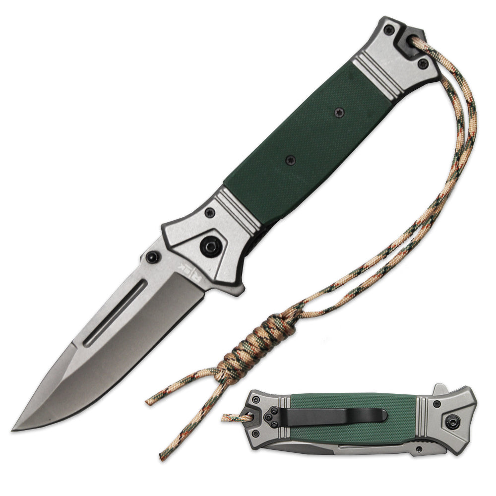 RT 2841-GN 5" Green G-10 Handle Assist Open Folding Knife with Paracord - Bladevip