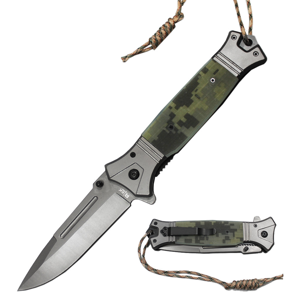 RT 2856-CA 6" Jumbo Camo G-10 Handle Assist Open Folding Knife with Paracord - Bladevip