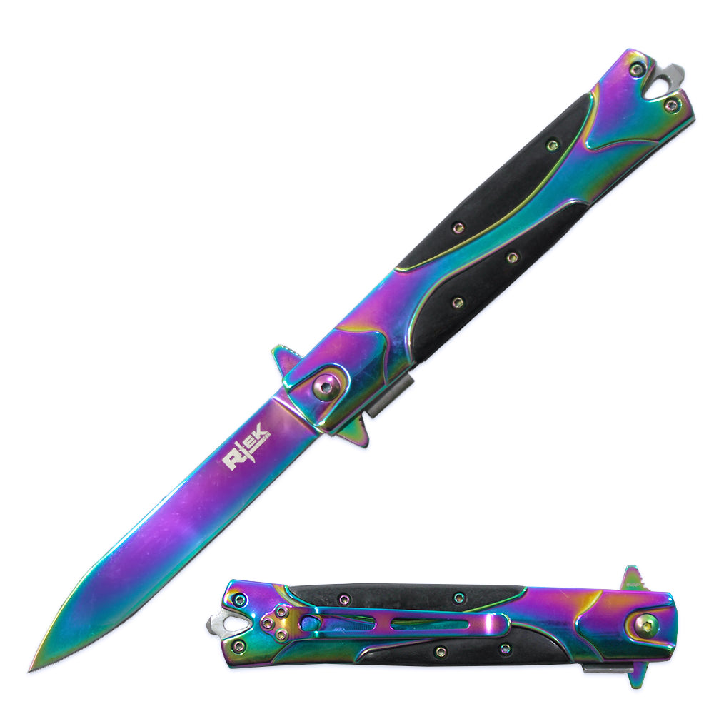 RT 5003-BKRB 5" Black Pearl Handle Titanium Assist-Open Folding Knife with Glass Breaker - Bladevip