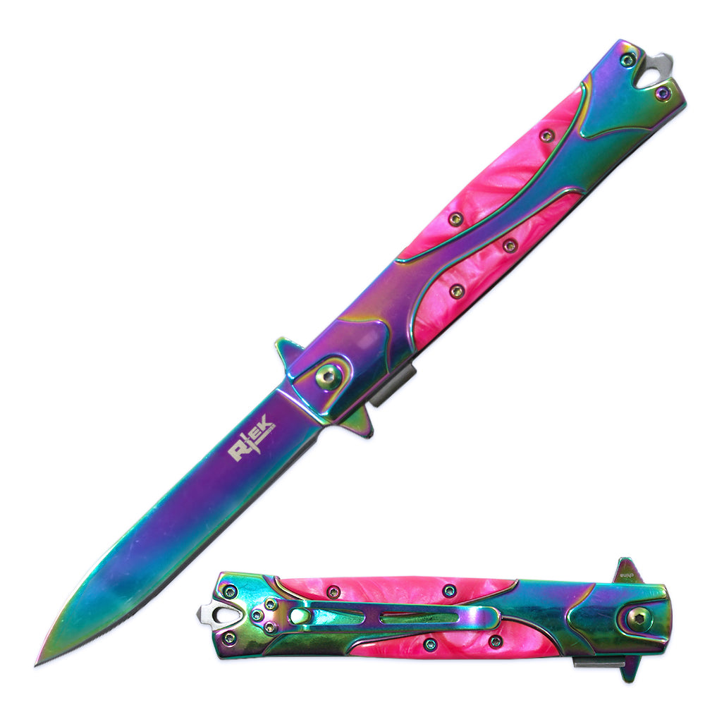 RT 5003-PNRB 5" Pink Pearl Handle Titanium Assist-Open Folding Knife with Glass Breaker - Bladevip