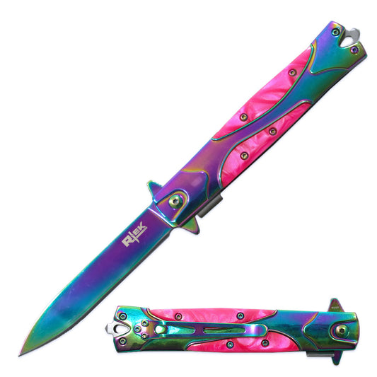 RT 5003-PNRB 5" Pink Pearl Handle Titanium Assist-Open Folding Knife with Glass Breaker - Bladevip