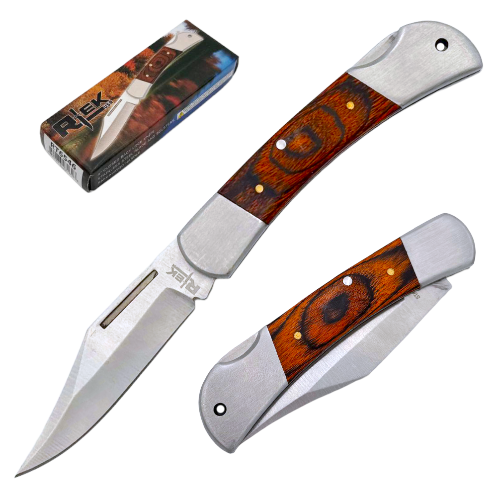 Rtek 3.75" Spanish Brown Wood Handle Pocket Knife, Lockback Traditional Folding Knife for Outdoor, Utility, EDC, Camping, and Every Day Carry, Gifts for Men