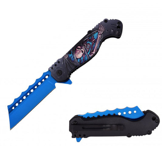 RT 7138-BL 4.5" Blue Skeleton 3D Handle Cleaver Blade Assist-Open Folding Knife with Belt Clip