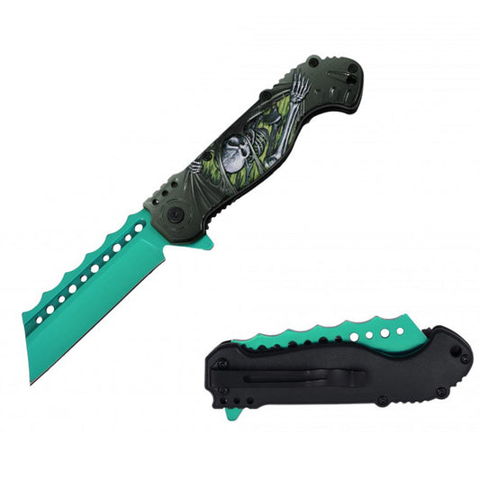 RT 7138-GN 4.5" Green Skeleton 3D Handle Cleaver Blade Assist-Open Folding Knife with Belt Clip