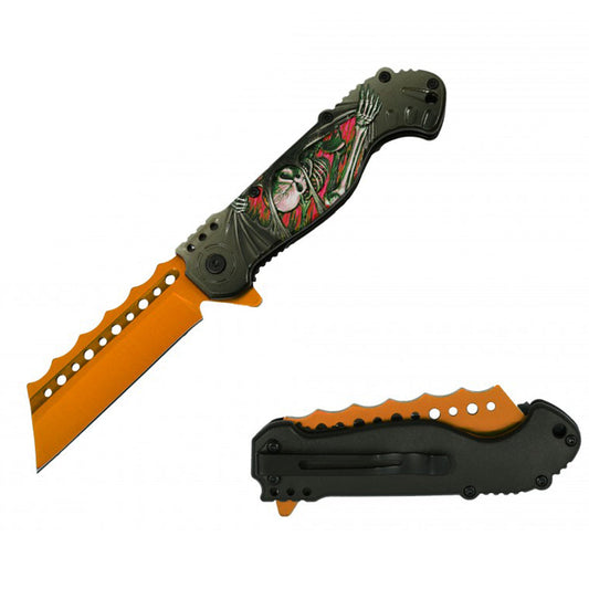 RT 7138-OR 4.5" Orange Skeleton 3D Handle Cleaver Blade Assist-Open Folding Knife with Belt Clip