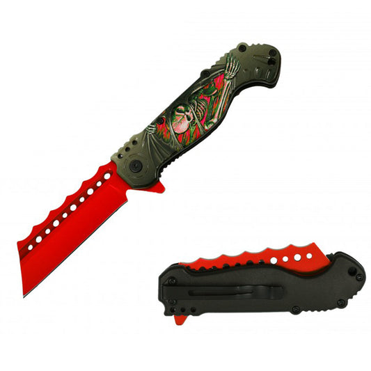 RT 7138-RD 4.5" Red Skeleton 3D Handle Cleaver Blade Assist-Open Folding Knife with Belt Clip