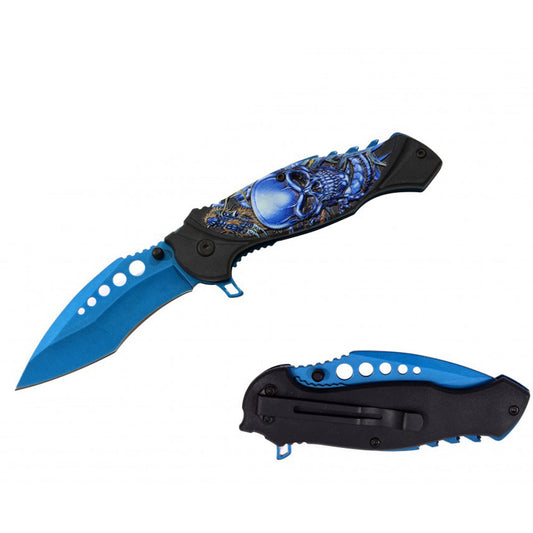 RT 7139-BL 4.5" Blue Skull & Dragon 3D Handle Assist-Open Folding Knife with Belt Clip