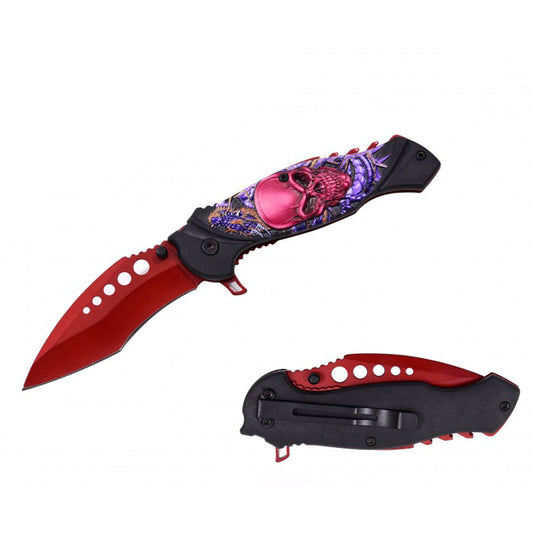 RT 7139-RD 4.5" Red Skull & Dragon 3D Handle Assist-Open Folding Knife with Belt Clip