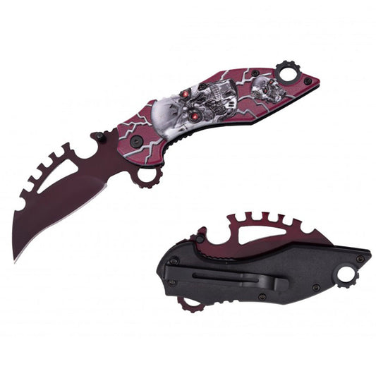 RT 7141-DT 5" Brown Skull 3D Handle Karambit Blade Assist-Open Folding Knife with Glass Breaker