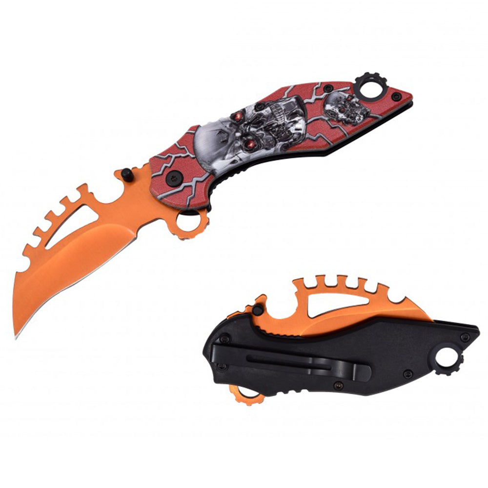 RT 7141-OR 5" Orange Skull 3D Handle Karambit Blade Assist-Open Folding Knife with Glass Breaker