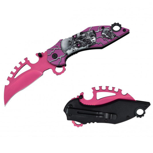 RT 7141-PK 5" Pink Skull 3D Handle Karambit Blade Assist-Open Folding Knife with Glass Breaker