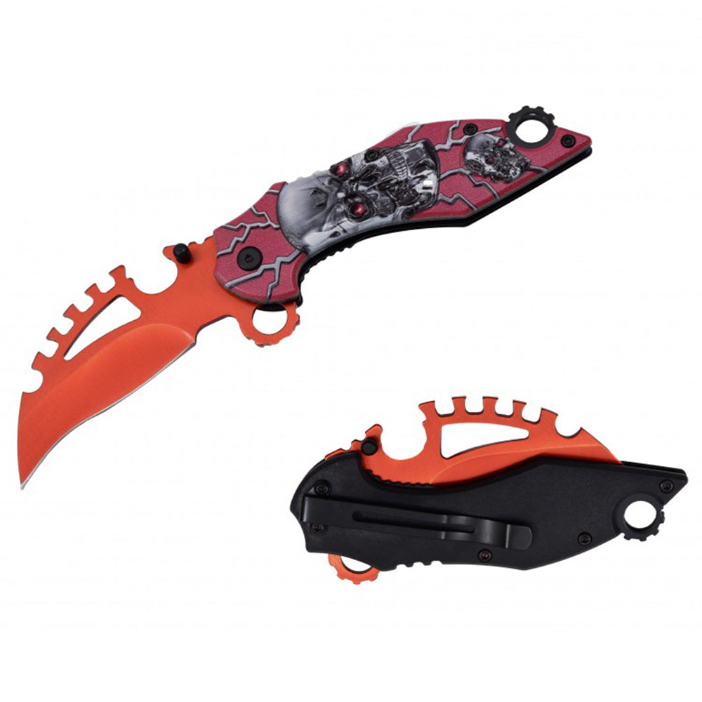 RT 7141-RD 5" Red Skull 3D Handle Karambit Blade Assist-Open Folding Knife with Glass Breaker