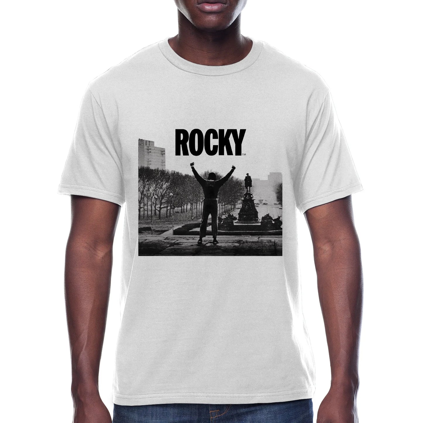 Men's White Rocky Stairs Graphic Crew Neck T-Shirt Tee