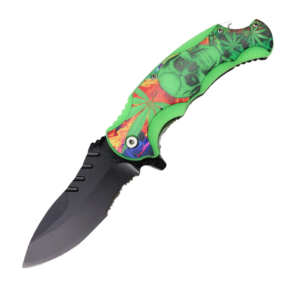 SH 14259-SK 4.5" Glow In The Dark Marijuana Skull Assist-Open Folding Knife with Bottle Opener - Bladevip