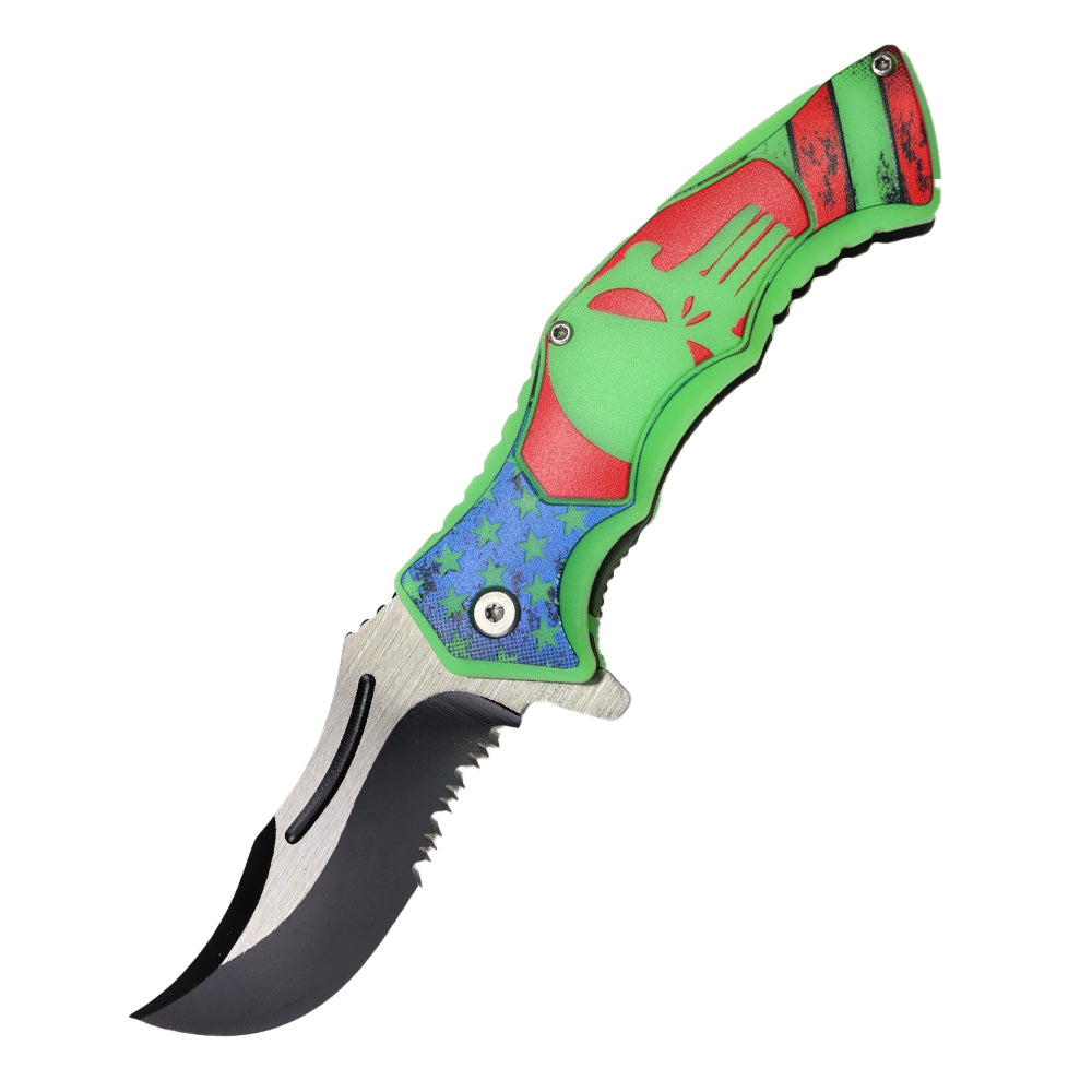 SH 14265-WS 4.5" Glow In The Dark USA Skull Assist-Open Folding Knife with Belt Clip - Bladevip