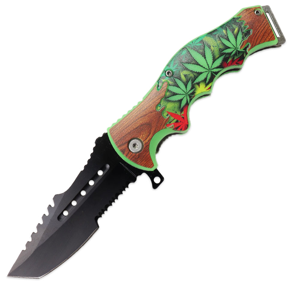 SH 14268-WL 4.5" Glow In The Dark Marijuana Leafs Assist-Open Folding Knife with Belt Clip & Glass Breaker