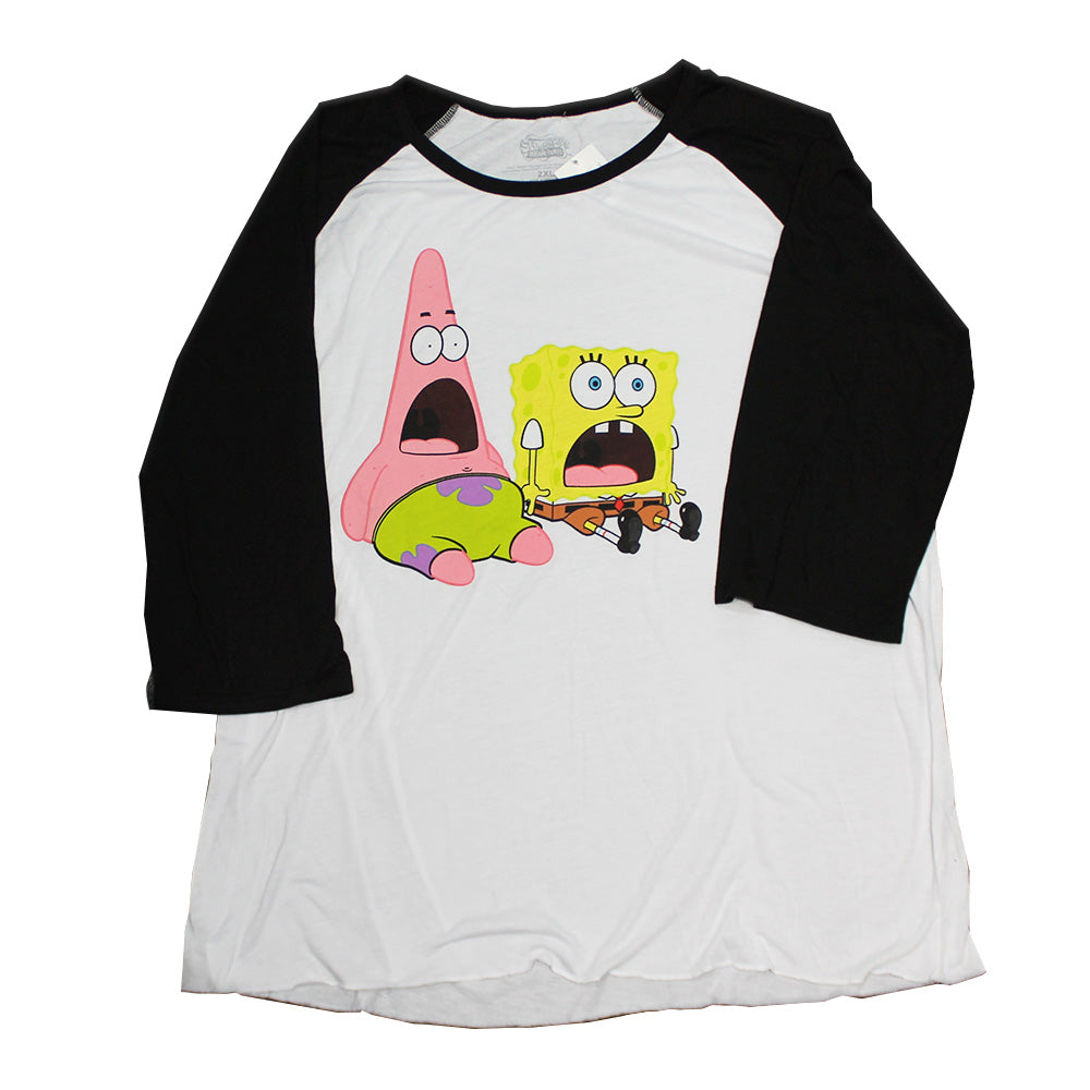 Women Junior's Raglan SpongeBob SquarePants Patrick Shocked Graphic Tee T-Shirt
