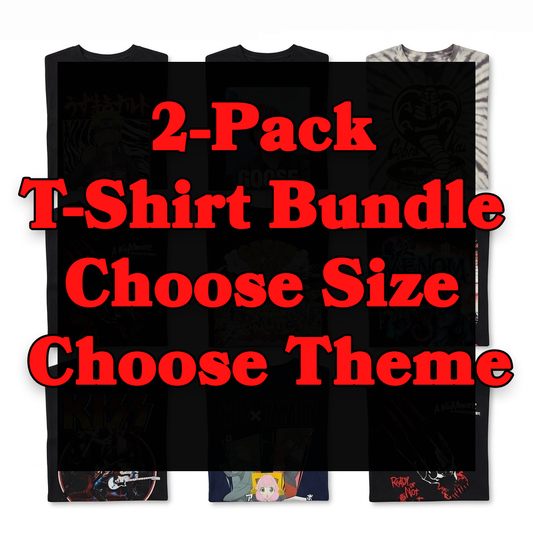 Black t-shirt bundle with text offering a 2-pack option to choose size and theme.