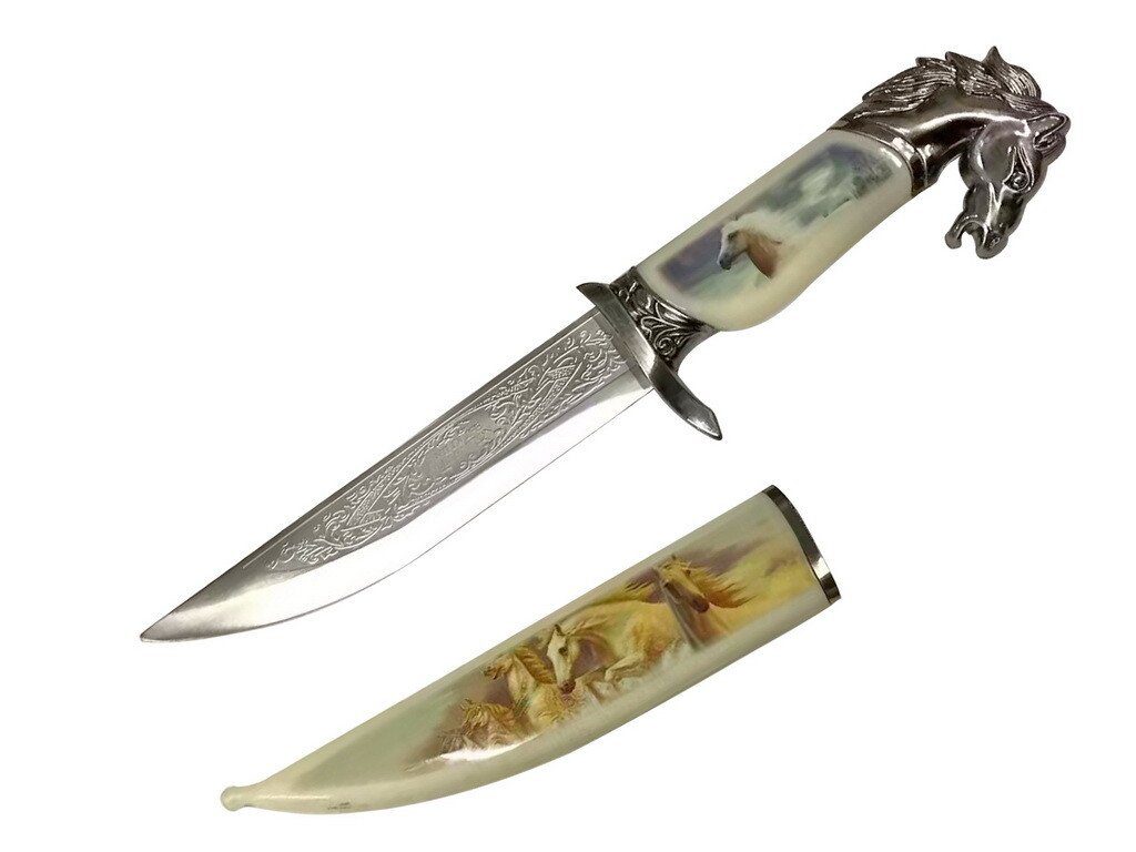 T 224840-HR 13 3/4″ Medieval Dagger with Graphic Printed Scabbard – Horse - Bladevip