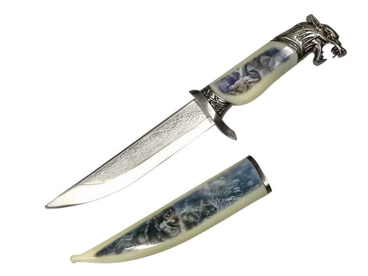 T 224840-WF 13 3/4″ Medieval Dagger with Graphic Printed Scabbard – Wolf