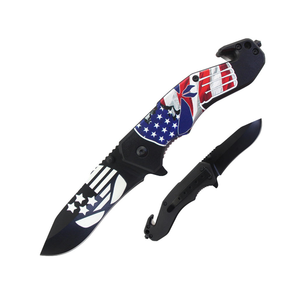 T 27017-3 4" Red White & Blue USA Skull Handle Assist-Open Rescue Knife with Belt Cutter & Glass Breaker