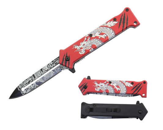 T 27018-15 4.5" Assist-Open Knife - Red Dragon Print Handle