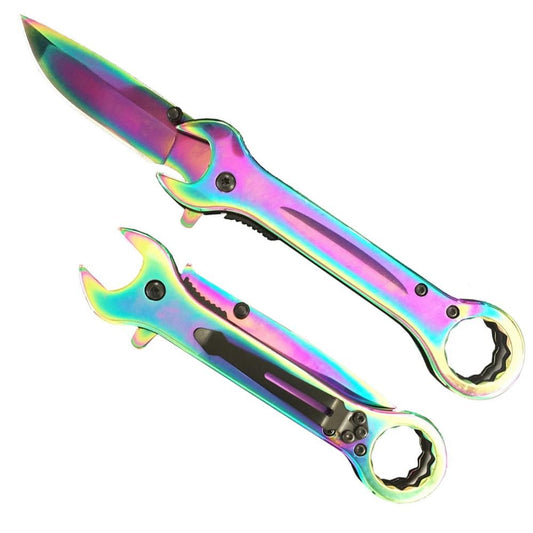 WRK 2712-RB 5" Rainbow Fade Wrench-Shaped Spring Assist-Open Folding Knife