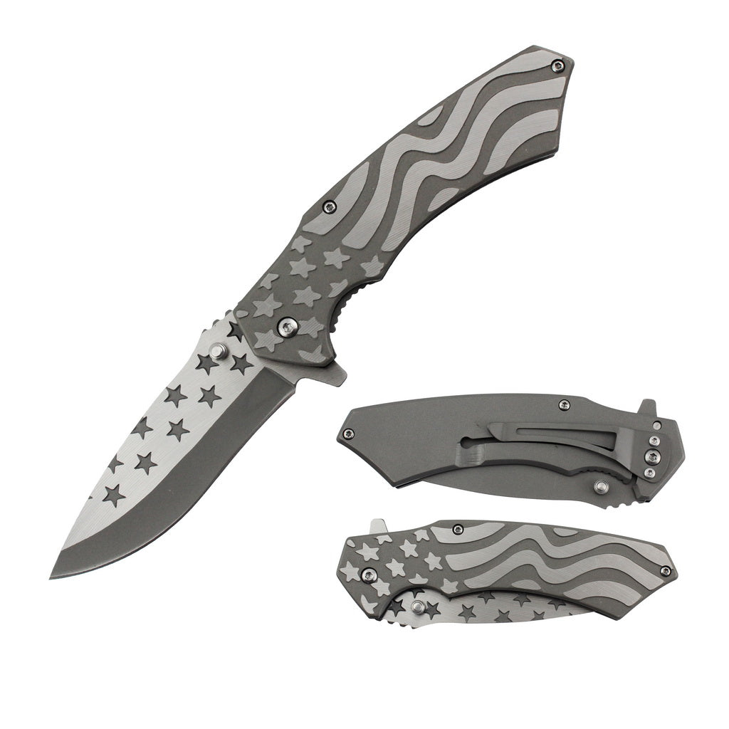 T 277289-SL 4.75″ Silver USA Flag Spring Assist Titanium Coated Frame Lock Folding Knife