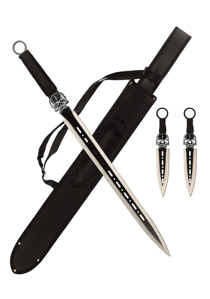 27″ Black Tactical Skull Machete Sword w/ Two 7.5″ Throwing Knives - Bladevip